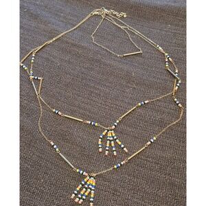 VTG Madewell Layered Beaded Tassel Necklace Gold Tone Colorful Seed Beads Boho